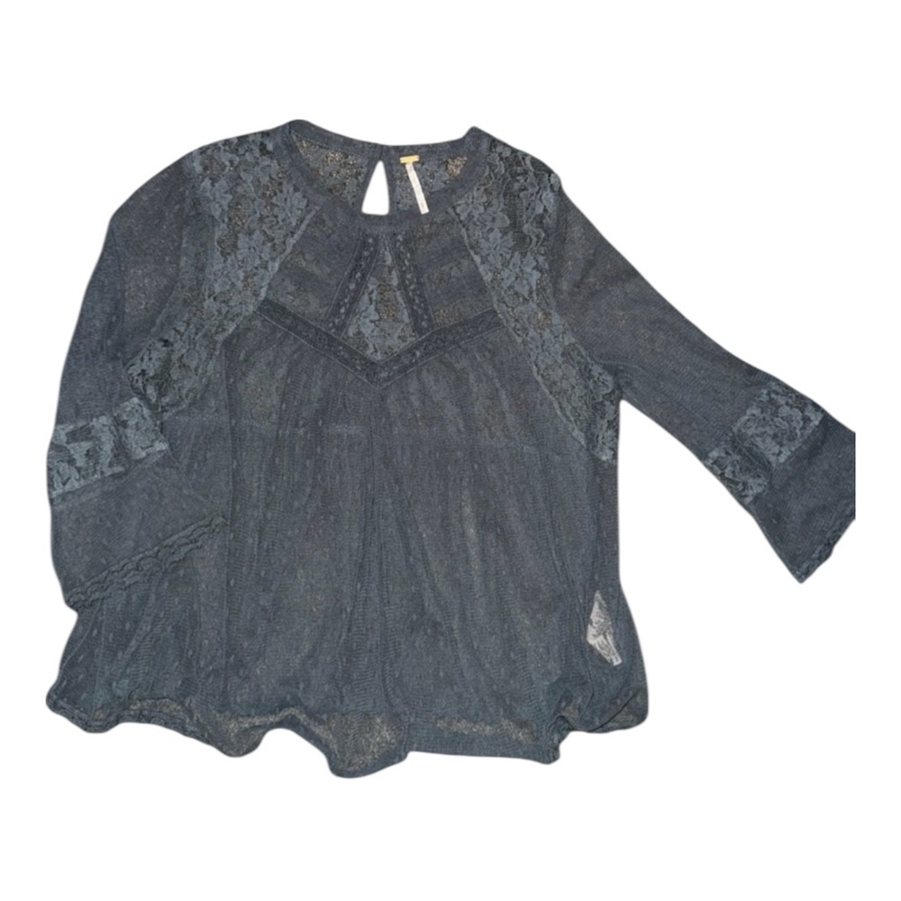 Free People Charcoal Lace Sheer Blouse Boho Romantic Layering Top L - Picture 2 of 5